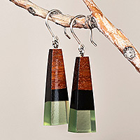 Wood and resin dangle earrings, 'Green Balance' - Geometric Walnut Wood and Green Resin Dangle Earrings