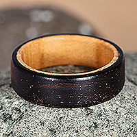 Wood band ring, 'Refined Night' - Handcrafted Apricot and Ebony Wood Band Ring for Women