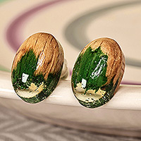 Wood and resin button earrings, 'Forest Bubble' - Handcrafted Apricot Wood and Green Resin Button Earrings
