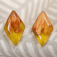 Wood and resin button earrings, 'Jewels From the Sun' - Diamond-Shaped Apricot Wood and Yellow Resin Button Earrings