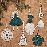Cotton macrame ornaments, 'Teal Wonderland' (set of 6) - Set of 6 Christmas-Inspired Teal Cotton Macrame Ornaments