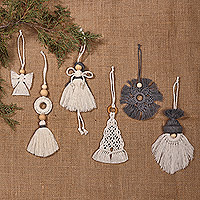 Cotton macrame ornaments, 'Grey Wonderland' (set of 6) - Set of 6 Christmas-Inspired Grey Cotton Macrame Ornaments