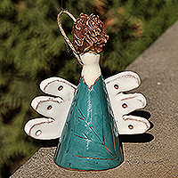 Glazed ceramic bell ornament, 'Angelic Melodies' - Hand-Painted Angel-Themed Teal Glazed Ceramic Bell Ornament