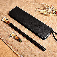Wood duduk and leather case, 'Nocturnal Rhythm' - Black Apricot Wood Duduk and Black Leather Case from Armenia