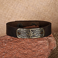 Men's leather and brass pendant bracelet, 'Solar Brilliance' - Men's Leather Bracelet with Brass Abstract Sun Pendant