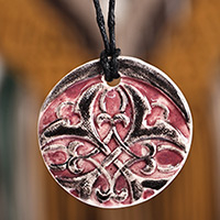 Ceramic pendant necklace, 'Classic Royal' - Hand-Painted Classic Burgundy Ceramic Pendant Necklace