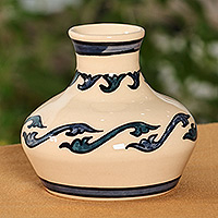 Ceramic mini vase, 'Harmony in Azure' - Classic Leafy Azure and Ivory Ceramic Mini Vase from Armenia