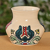 Ceramic mini vase, 'Lori Glory' - Floral-Inspired Traditional Ivory Ceramic Mini Vase