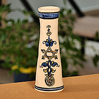 Ceramic vase, 'Blue Enchant' - Classic Floral-Themed Glossy Blue and Ivory Ceramic Vase