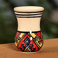 Ceramic mini vase, 'Ancestor's Victory' - Folk Art Traditional-Patterned Ceramic Mini Vase