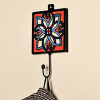 Ceramic coat hanger, 'Harmonious Habitude' - Handcrafted Floral-Inspired Red and Blue Ceramic Coat Hanger