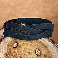 Leather strand bracelet, 'Braided Cool' - Braided Style Leather Strand Wristband Bracelet in Blue