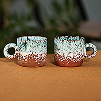 Ceramic cup and saucer, 'Aqua Coffee Breeze' (set of 2) - Set of 2 Handmade Aqua and Brown Ceramic Cups and Saucers