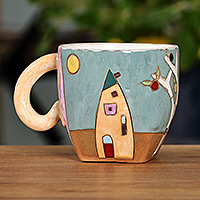 Ceramic mug, 'Serene Urbanism' - Cityscape-Themed Whimsical Teal and Brown Ceramic Mug