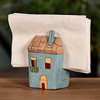 Ceramic napkin holder, 'Sensations of Home' - Hand-Painted House-Themed Ceramic Napkin Holder from Armenia