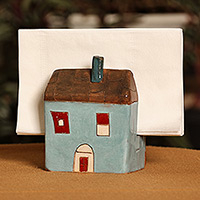 Ceramic napkin holder, 'Visions of Home' - Handcrafted House-Themed Ceramic Napkin Holder from Armenia