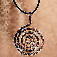 Copper pendant necklace, 'Cyclical Hypnosis' - Antiqued Hammered Round Copper Pendant Necklace