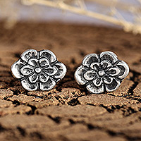 Sterling silver button earrings, 'Blooming Girl' - Oxidized and Polished Floral Sterling Silver Button Earrings