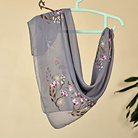 Hand-painted silk scarf, 'Serene Blooming' - Hand-Painted Floral-Themed Soft Grey 100% Silk Scarf