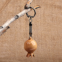 Wood keychain, 'Pomegranate Luck' - Pomegranate-Shaped Brown Wood and Stainless Steel Keychain