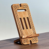 Wood phone holder, 'Ancestor's Blessing' - Traditional Handcrafted Beechwood Phone Holder