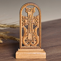 Wood cross sculpture, 'Portal to Faith' - Hand-Carved Beech Wood Cross Sculpture from Armenia