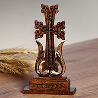 Wood cross, 'Sylvan Magnificence' - Classic Hand-Carved Dark Brown Beech Wood Cross