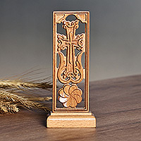 Wood cross sculpture, 'Portrait of Divinity' - Hand-Carved Floral Beech Wood Cross Sculpture from Armenia