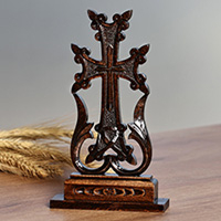 Wood cross, 'Sacred Testimony' - Traditional Hand-Carved Dark Brown Wood Cross from Armenia