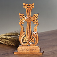 Wood cross, 'Sylvan Divinity' - Classic Hand-Carved Natural Brown Beech Wood Cross