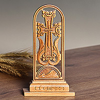 Wood cross sculpture, 'Holy Mountains' - Classic Nature-Themed Brown Beechwood Cross Sculpture