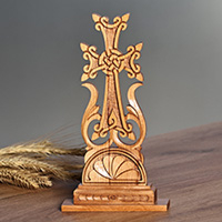 Wood cross, 'Flower of Faith' - Traditional Folk Art Handcrafted Beechwood Cross