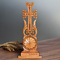 Wood cross, 'Blossoming Cross' - Traditional Floral Beechwood Cross from Armenia