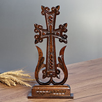 Wood cross, 'Sylvan Nobility' - Traditional Hand-Carved Dark Brown Beechwood Cross