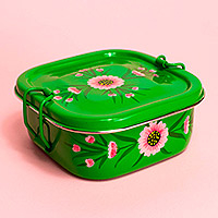 Stainless steel lunch box, 'Floral Green Tiffin' - Hand-painted Stainless Steel Lunch Box Tiffin in Green