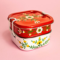 Stainless steel lunch box, 'Two-Tier Tiffin' - Stainless Steel Lunch Box Tiffin Red and White Floral