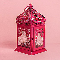 Aluminum and glass candle lantern, 'Marrakesh Magenta' (small) - Small Hanging Lantern in Maroon with Decorative Glass
