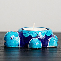 Ceramic candleholder, 'Sea Turtle' - Blue Ceramic Turtle Tea Light Candleholder from India