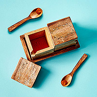 Mango wood spice box with spoons, 'Natural Flavor' - Hand Carved Wooden Spice Box Set with Brass Accents