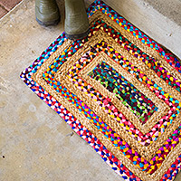 Jute blend doormat, 'Chindi Welcome' - Colorful Cotton and Jute Doormat from India