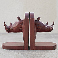 Cedar bookends, 'Rhino Guardian' (pair) - Hand Carved Wood Bookends (Pair)