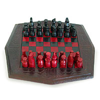 Wood and leather chess set, 'African Battle' - Wood and leather chess set