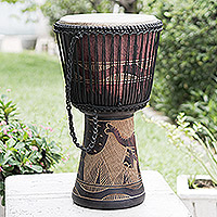 Wood djembe drum, 'Elephant Beat' - Wood djembe drum