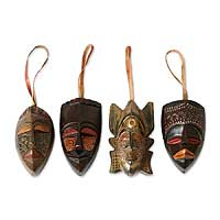 Wood ornaments Festive Masks set of 4 Ghana
