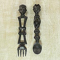 Wood wall adornments, 'Spoon and Fork' (pair) - Hand Made African Wall Accents (Pair)