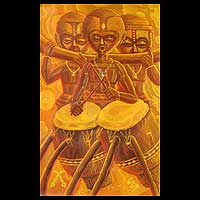 'Akuaba Dolls Playing the Talking Drum' - Expressionist Oil Painting