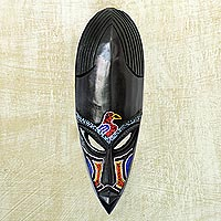 Ghanaian wood mask, 'Victory Bird' - African rubberwood mask with beaded accents