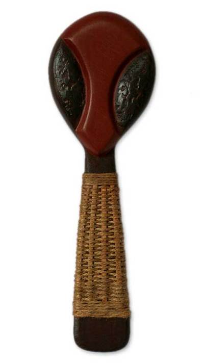 Handmade Red and Black Painted Wood Rattan and Jute Wall Art