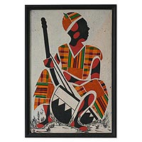 Kente cloth wall art, 'Kora Player II' - African Kente Cloth Wall Collage