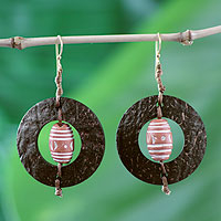 Coconut shell and terracotta dangle earrings, 'Medieval Hoops' - Handmade African Coconut Shell Dangle Earrings